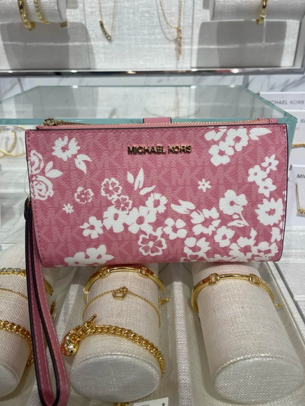 MICHAEL KORS JST Lg Double Zip Printed Signature Logo Wristlet Wallet Carnation